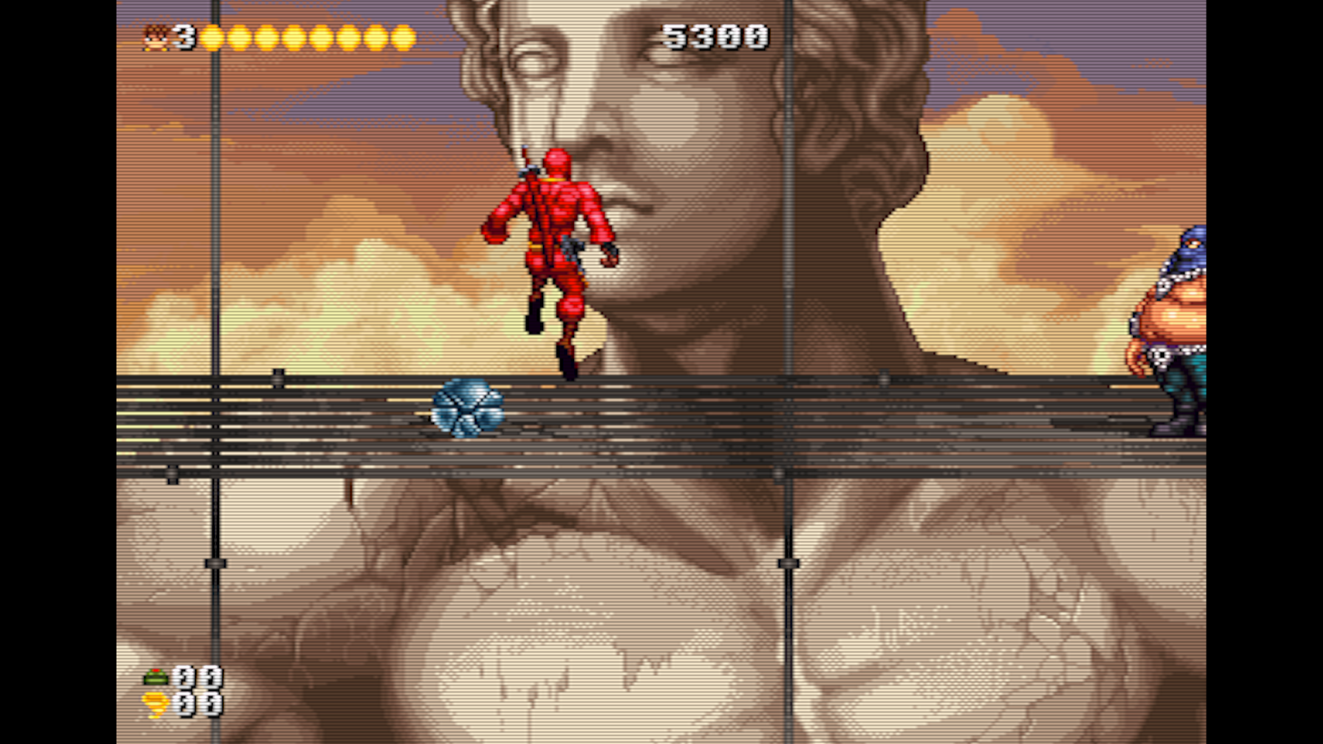 Transformed ninja action in front of a giant statue.