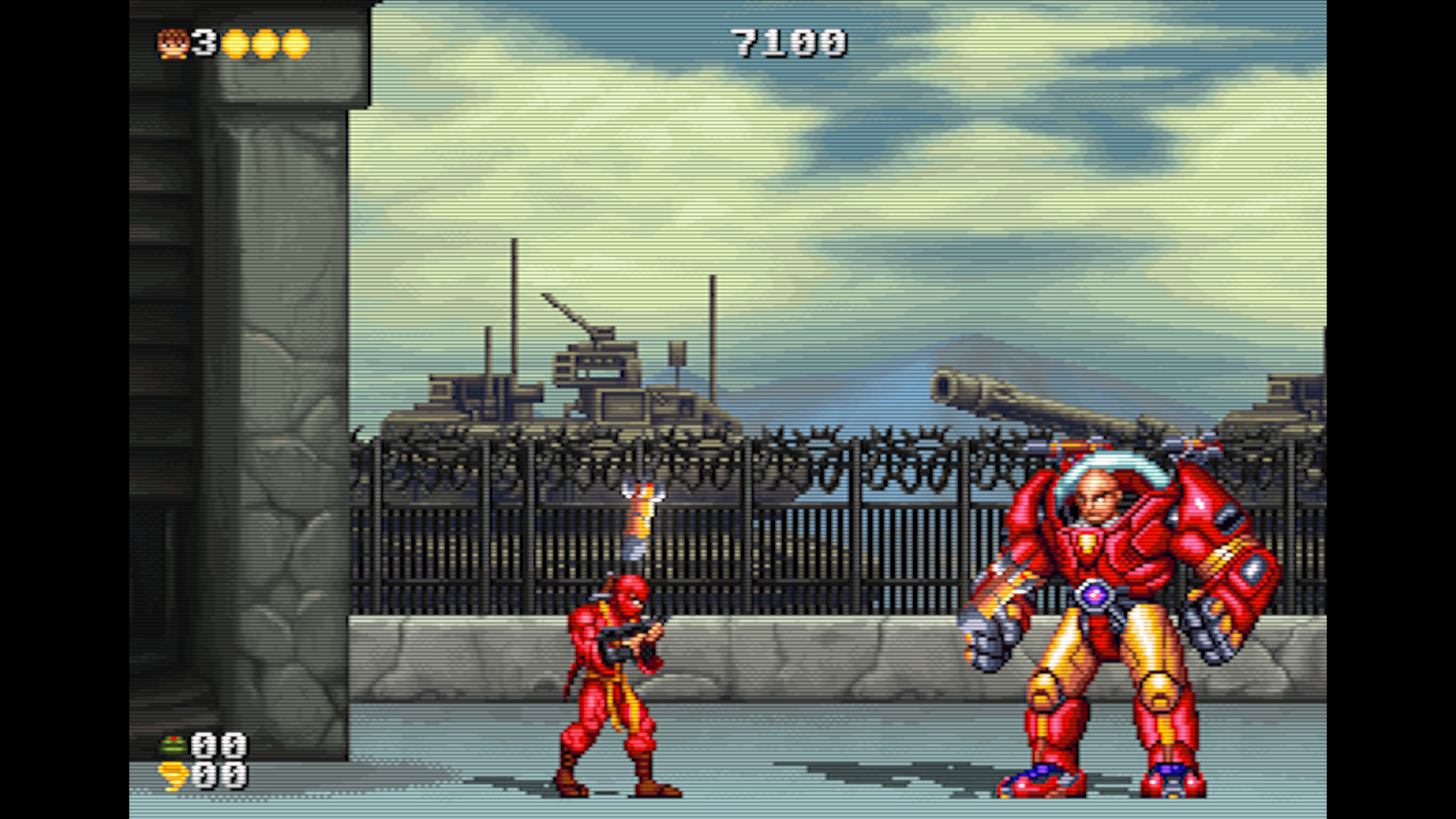 A transformed ninja confronts an armoured mini-boss.