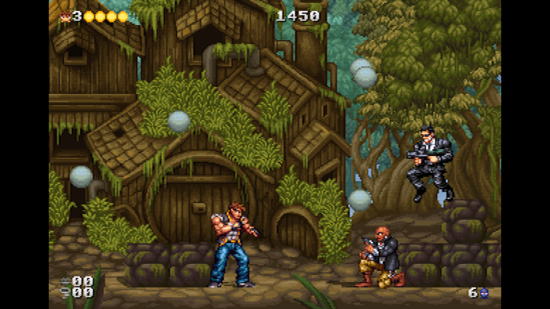 Dan battles enemies in a forest village.