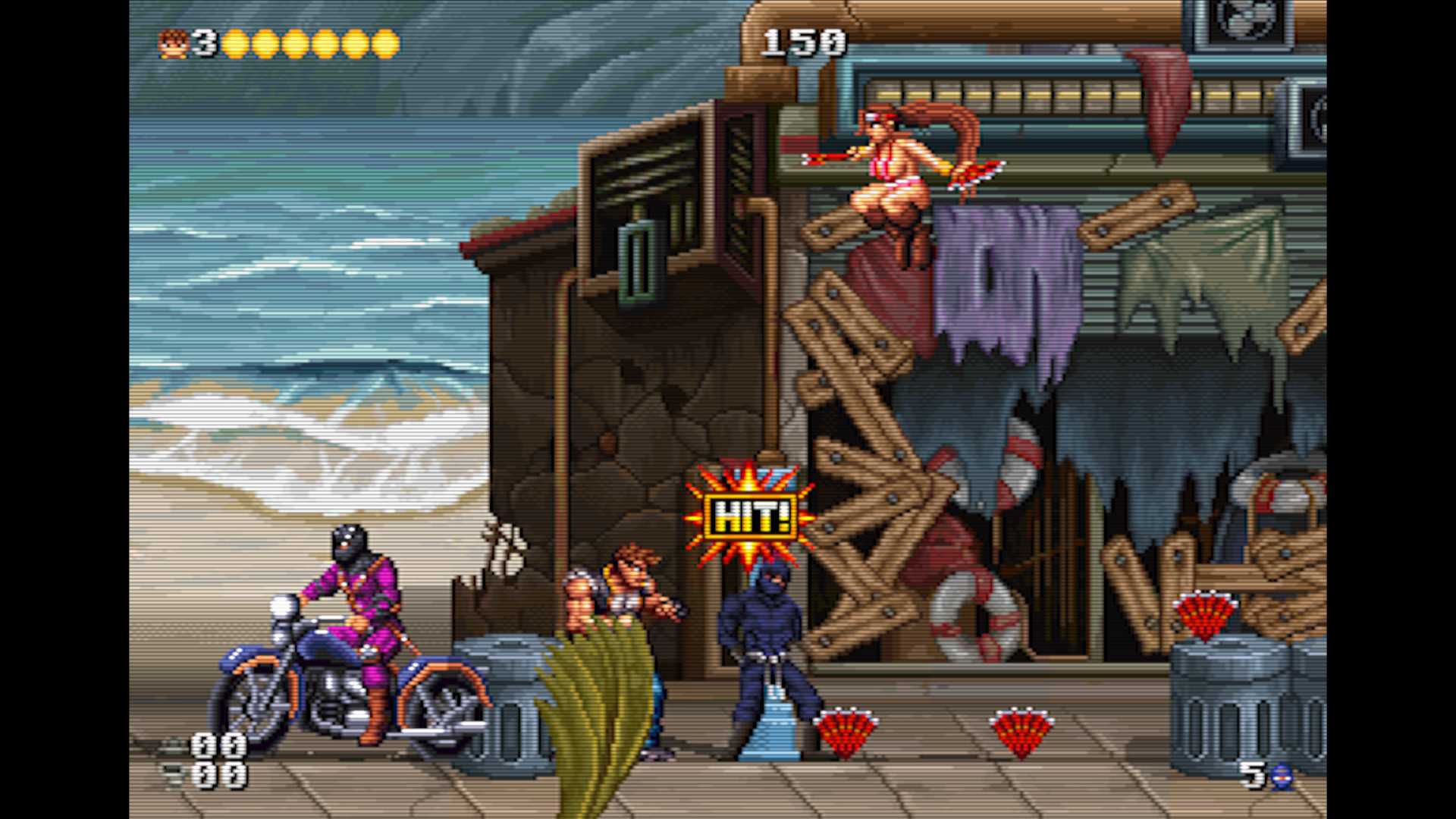 Combat on the coast beside a motorcycle enemy.