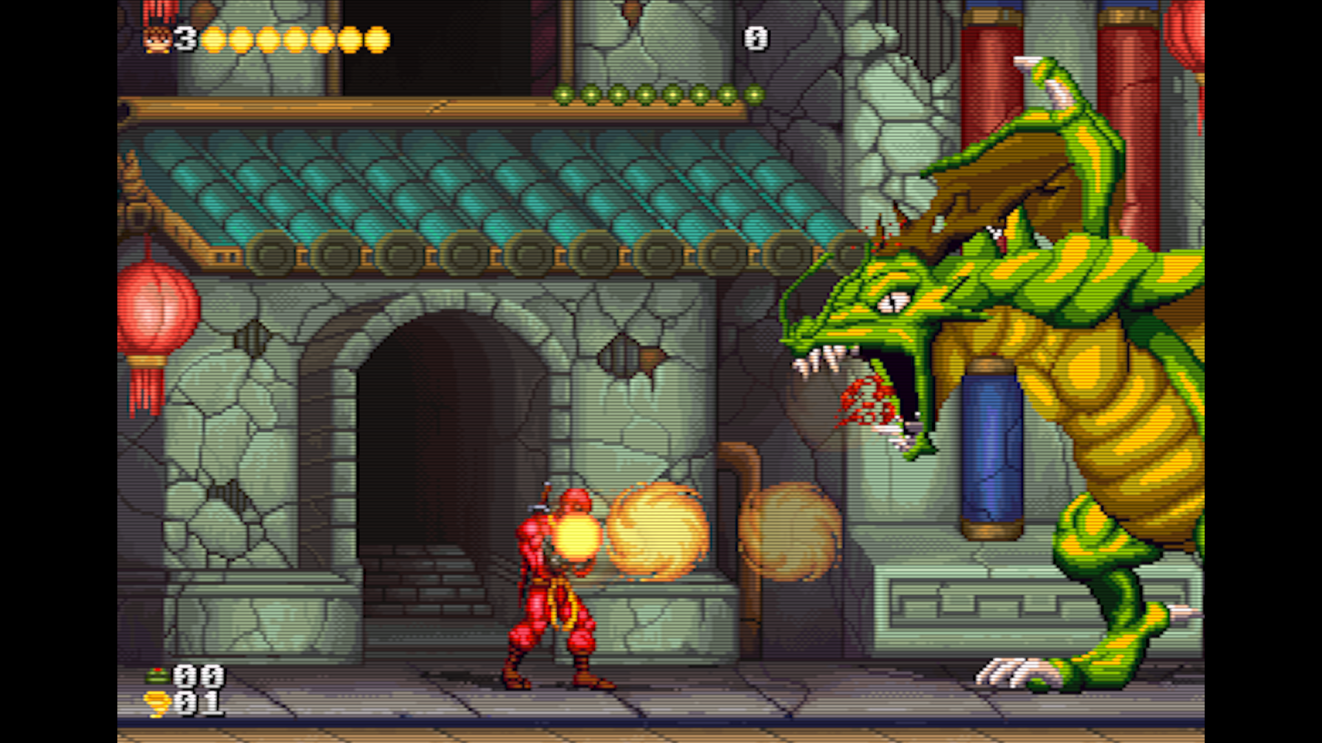 A transformed ninja faces a fire-breathing dragon.