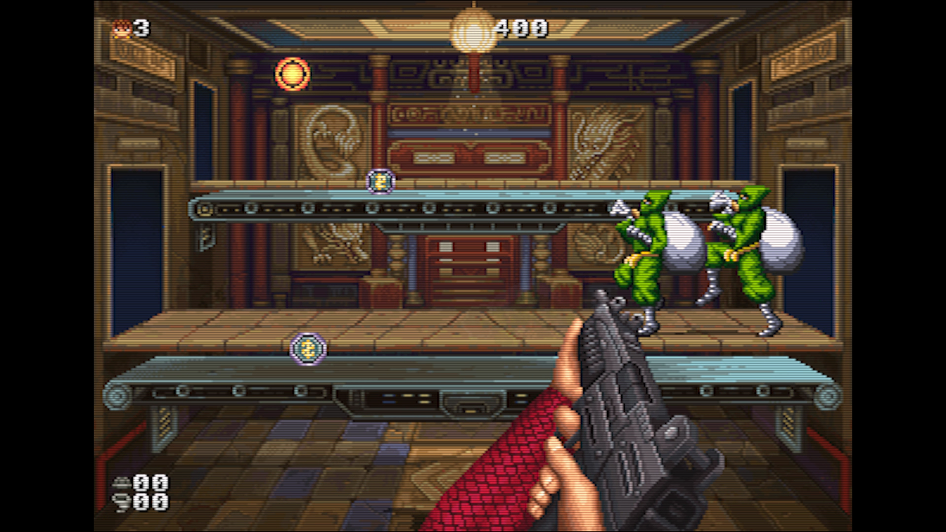 A first-person shooting bonus stage.