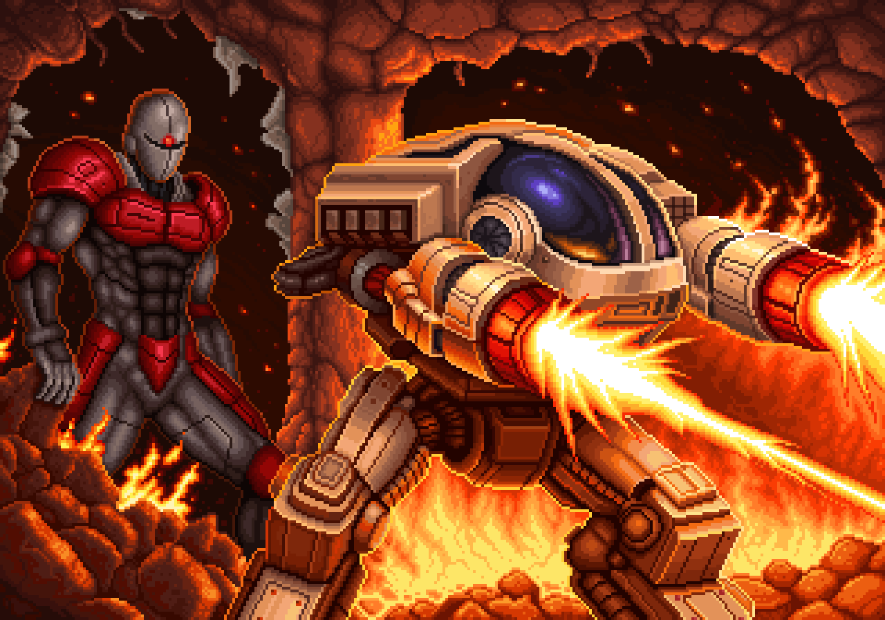 Armoured enemies and heavy weapons. Exact 4x nearest-neighbour enlargement.