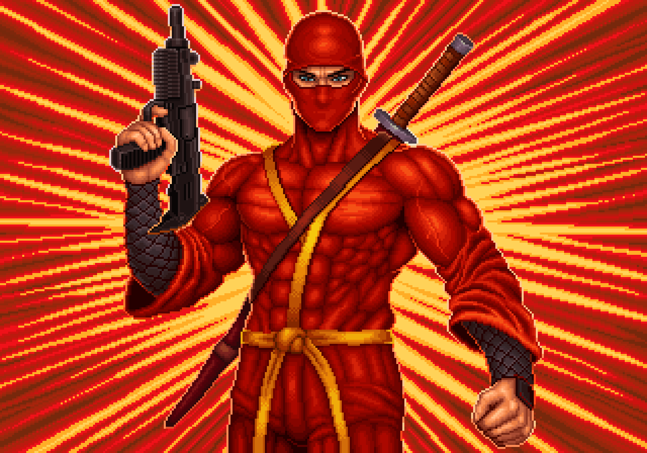 Dan in his red ninja form, with firearm and swords. Exact 4x nearest-neighbour enlargement.