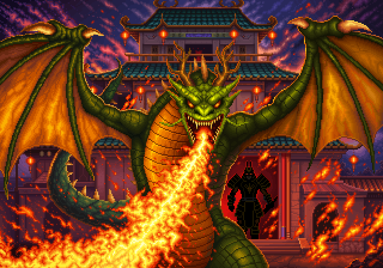 Dragon and temple illustration. Exact 4x nearest-neighbour enlargement.