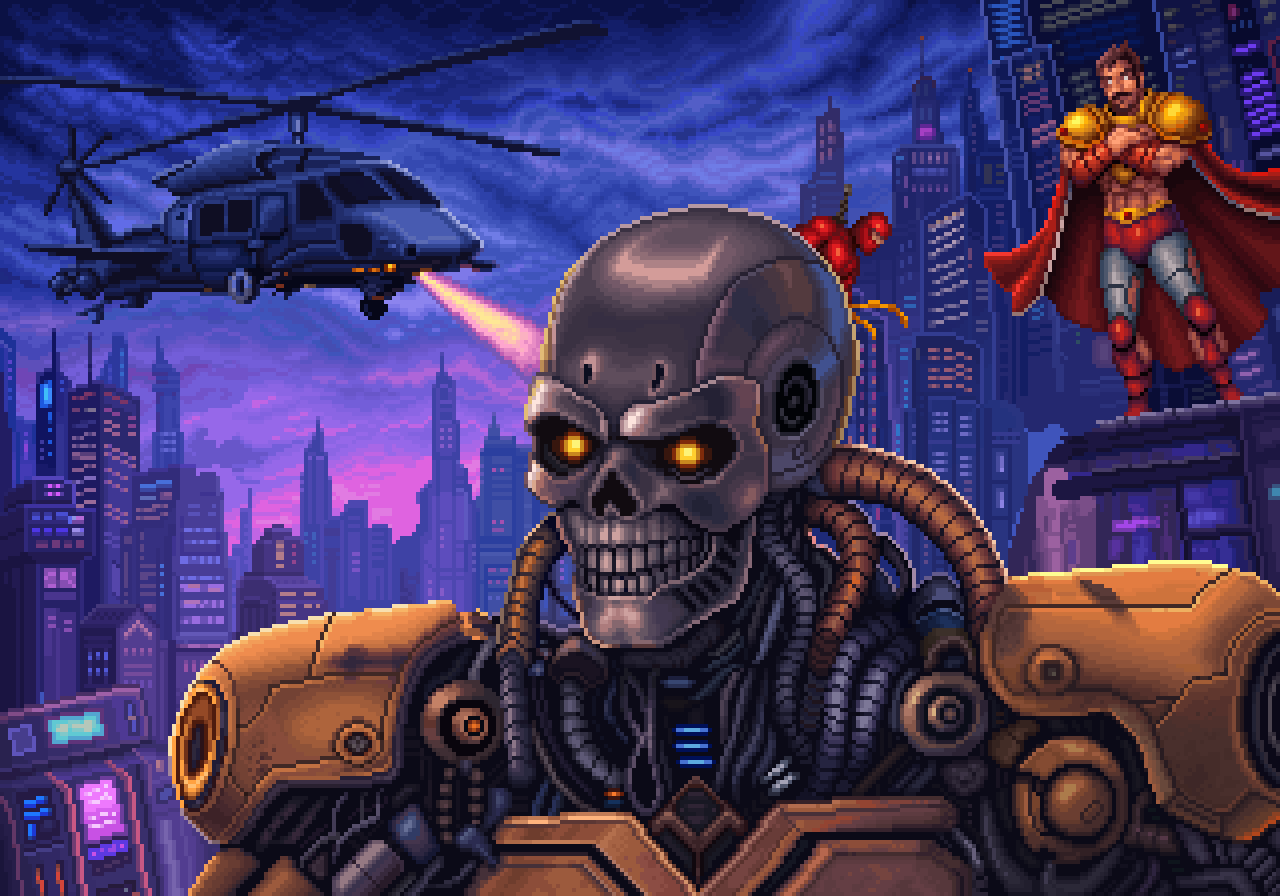 Helicopter and mechanical enemy illustration. Exact 4x nearest-neighbour enlargement.