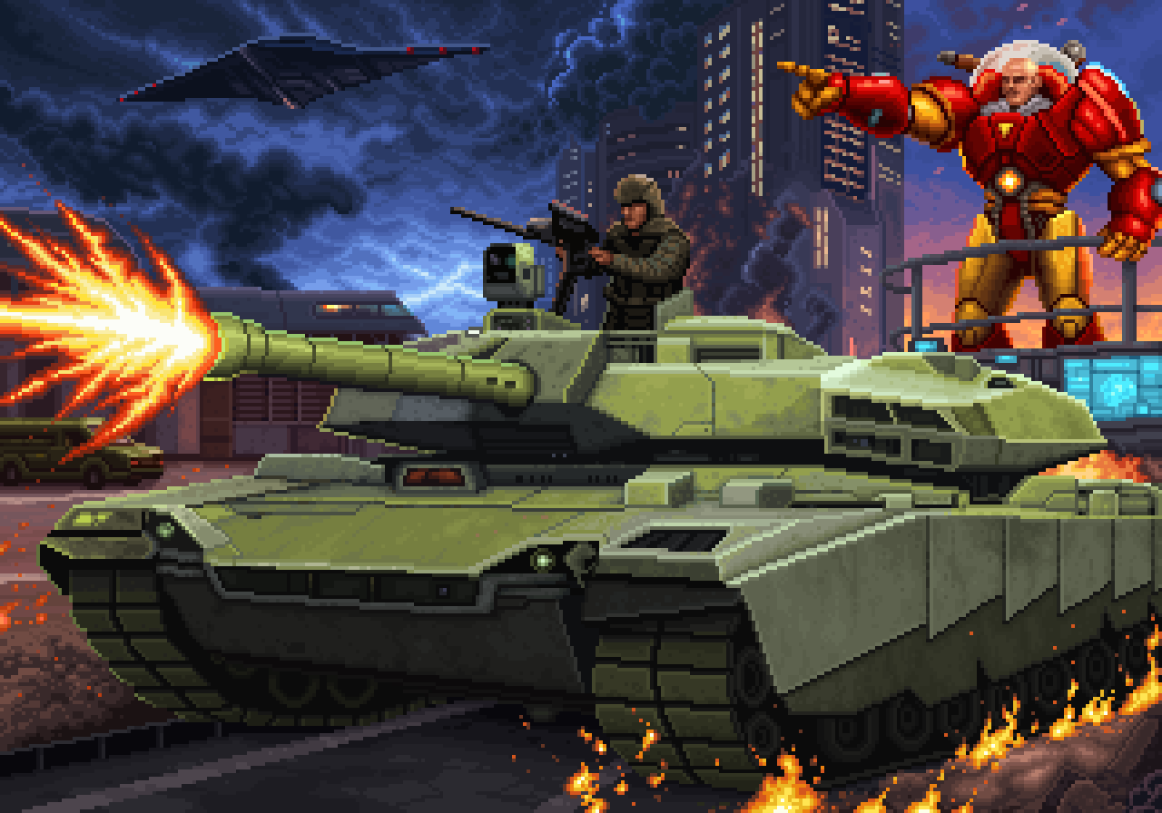 Tank encounter illustration. Exact 4x nearest-neighbour enlargement.