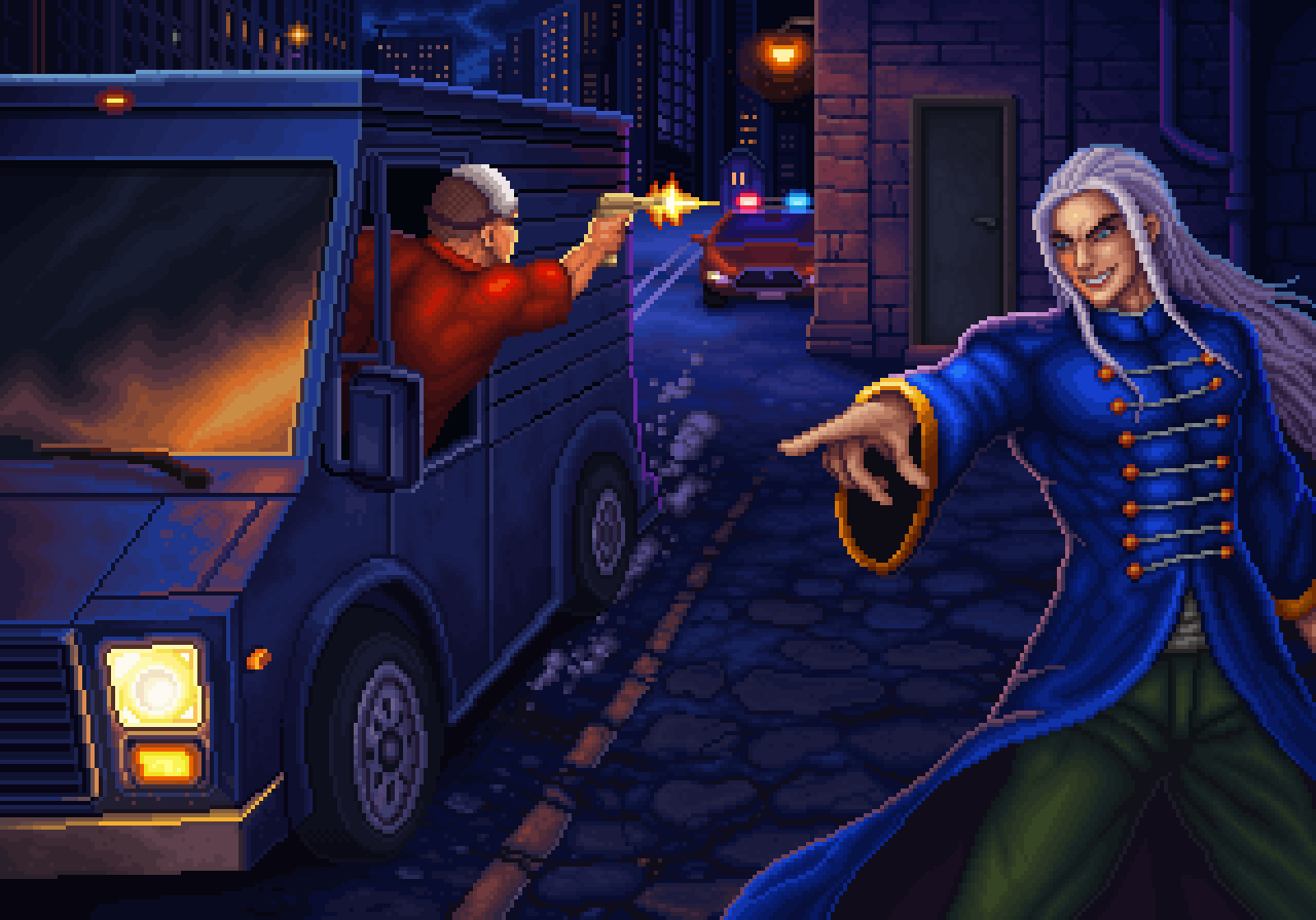 Van and sword-wielding enemy illustration. Exact 4x nearest-neighbour enlargement.